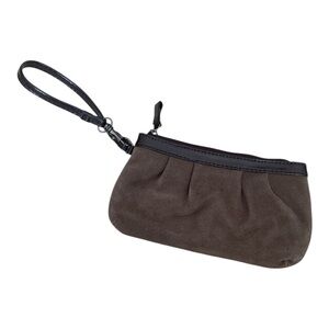 Brown Suede Wristlet Clutch – Faux Leather Trim & Floral Lining